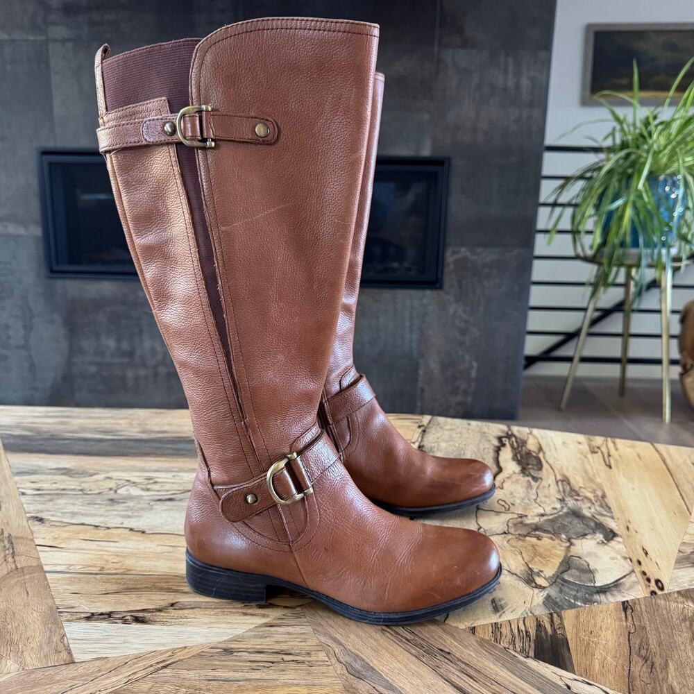 Naturalizer Jillian Knee High Riding Boots Cognac Brown Leather 6.5W Wide Calf
